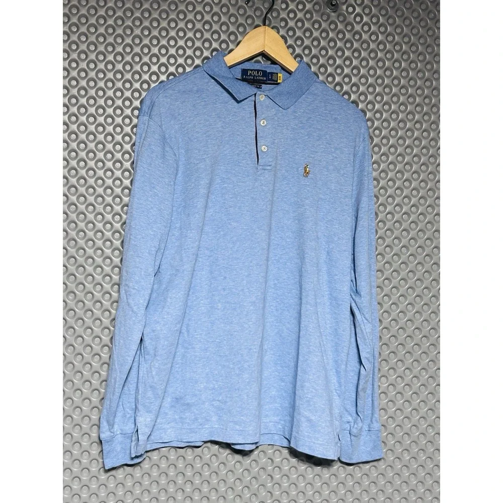 Polo Ralph Lauren Long Sleeve Polo Shirt Blue Heather Men's L Multi Pony EUC